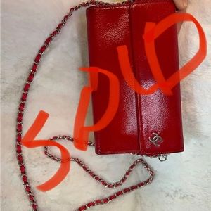 CHANEL Coco Mark Trifold Long and wide crossbody Enamel Leather Red
